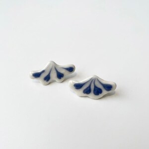 Handmade Blue White Ceramic Fan Earrings, Minimal Porcelain Floral Jewelry