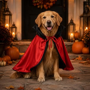 May include: A golden retriever dog wearing a vibrant red satin cape with a black lining and a high, stiff collar. The cape is secured at the neck with thin red ribbon ties, creating a dramatic look that drapes over the dog's shoulders and back.