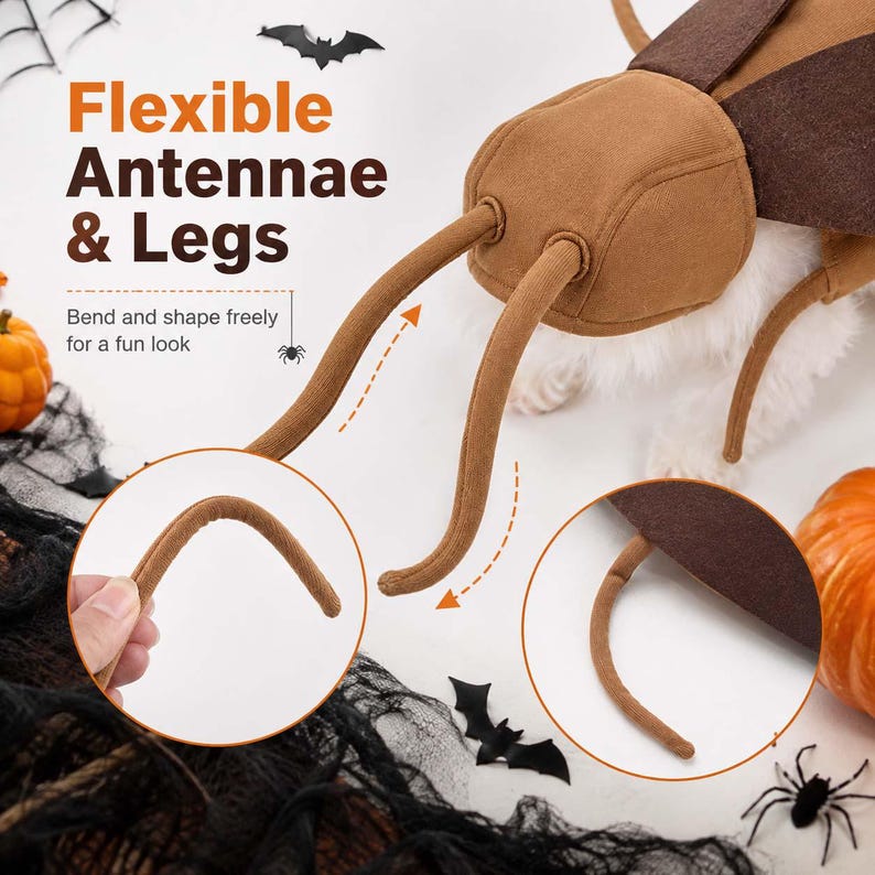 May include: A brown insect costume for pets featuring a headpiece with two long, flexible antennae and dark brown wings. The text on the image reads Flexible Antennae & Legs, Bend and shape freely for a fun look, highlighting the adjustable design.