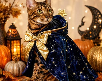Halloween Wizard Cape for Dogs Cats, Navy Star Pet Cloak with Gold Bow, Polyester Costume, XS-XXL, Witch Party Outfit, Pet Photo Prop Gift
