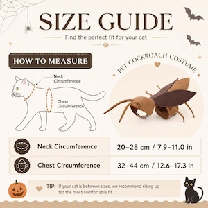 May include: A size guide for a pet cockroach costume featuring a line drawing of a cat with neck and chest circumference labels, a brown cockroach costume with wings and antennae, and a table listing measurements from 7.9 to 17.3 inches.