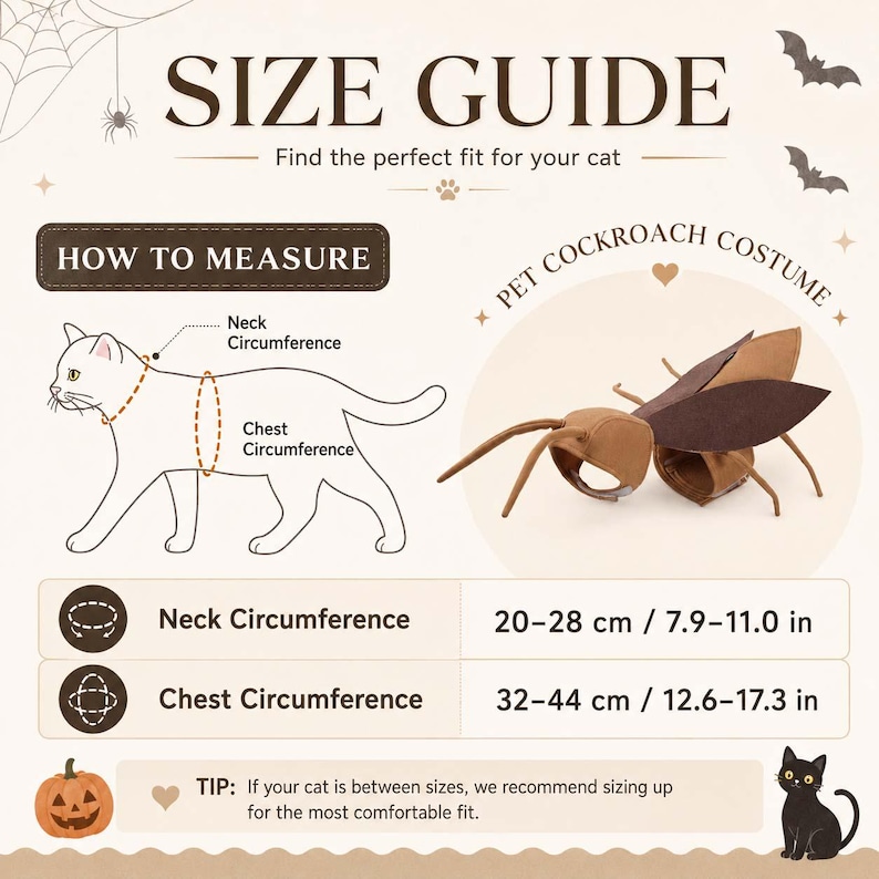 May include: A size guide for a pet cockroach costume featuring a line drawing of a cat with neck and chest circumference labels, a brown cockroach costume with wings and antennae, and a table listing measurements from 7.9 to 17.3 inches.