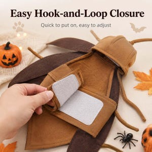 May include: A brown insect-themed pet costume featuring a hood with antennae and large dark brown wings. The garment includes an easy hook-and-loop closure for adjustment. Text on the image reads: Easy Hook-and-Loop Closure, Quick to put on, easy to adjust.