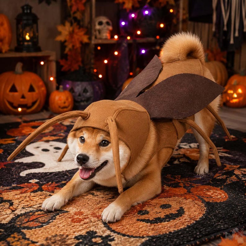 May include: A tan felt insect costume for a dog, featuring a hood with two long antennae and a pair of dark brown wings attached to the back. The costume covers the head and torso, designed with soft fabric to mimic the appearance of a bug.