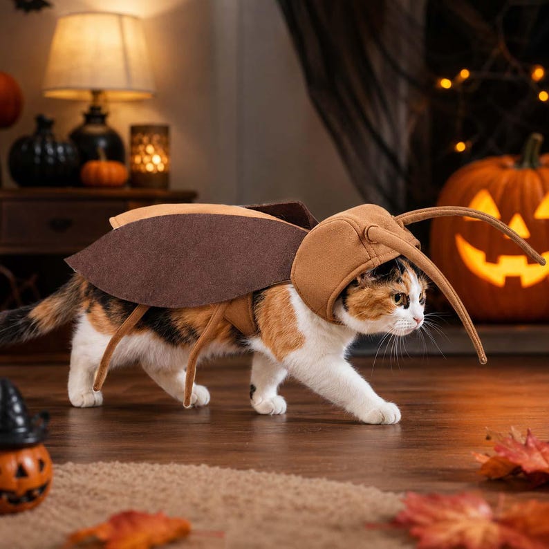 May include: A calico cat wearing a brown insect costume featuring large felt wings, a headpiece with long antennae, and attached legs. The costume is made of soft brown fabric and covers the back and head of the cat, creating a bug-like appearance.