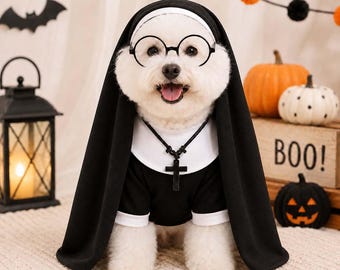 Halloween Dog Nun Costume, Funny Pet Priest Outfit, 4 Piece Set with Cape Glasses Shirt Necklace, S-L, Spooky Party Costume for Dogs Cats!