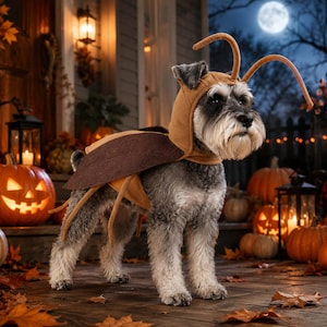 May include: A gray and white Schnauzer dog wearing a brown insect costume with two long antennae on the head and dark brown wings on the back. The costume is made of a soft fabric and covers the head and torso of the dog, featuring a hood.