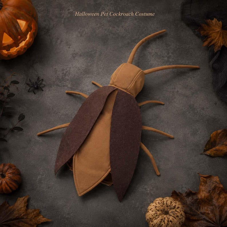 May include: A tan and dark brown cockroach costume for pets featuring two long antennae, six thin legs, and two large, pointed wing-like flaps on the back. The text "Halloween Pet Cockroach Costume" is printed at the top of the image.