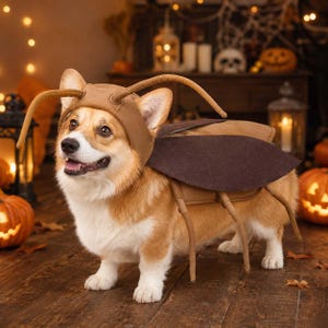 May include: A tan and white Corgi dog wearing a brown insect costume. The costume includes a headpiece with two long, curved antennae and a back piece featuring dark brown, oval-shaped wings and thin, dangling legs attached to the sides.
