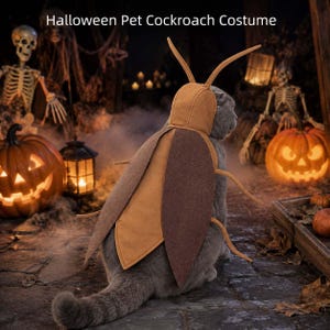 May include: A pet cockroach costume featuring a tan headpiece with two antennae and brown felt wings that drape over the back. The costume includes thin, flexible legs extending from the sides, designed to fit a cat, with the text Halloween Pet Cockroach Costume.