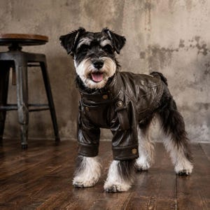 Op de afbeelding: Een kleine Schnauzer-hond draagt een donkerbruin kunstleren jasje met lange mouwen, een hoge kraag en metalen drukknopen aan de voorzijde, de manchetten en de schouders. Het jasje heeft een gestructureerd ontwerp met zichtbare stiksels.