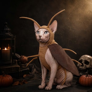 May include: A hairless cat wearing a tan and brown insect costume featuring a hood with two long antennae and large, dark brown wing-like flaps on the back. The costume includes thin, leg-like appendages extending from the sides of the torso.