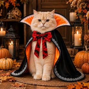 May include: A light orange cat wearing a black and orange vampire cape with a high collar, white lace trim, and a red bow tie featuring a black bat pattern. The cape is fastened at the neck, draping over the shoulders with a vibrant orange lining.