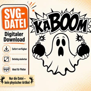 May include: A digital graphic file featuring a white ghost with black outlines holding two black spherical bombs with lit fuses. Above the ghost, the word KABOOM is written in a bold, black comic-style font. The left side contains text in German.