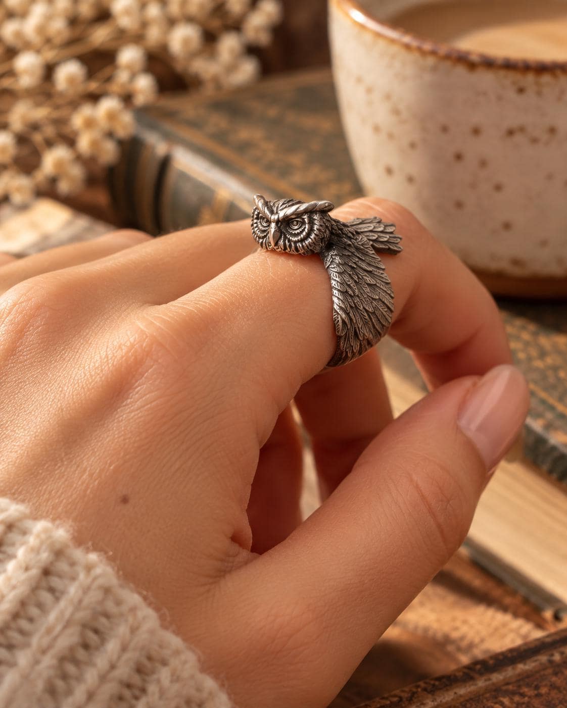 Owl Open Ring, Vintage Animal Ring, Nature Inspired Statement Ring, Detailed Feather Design, Adjusta