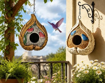装飾的な吊り下げ式鳥小屋、素朴な庭の装飾、手描きの鳥の家の装飾、コテージ風の屋外壁掛け、自然をモチーフにしたギフト