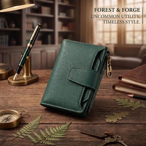 May include: A forest green textured leather wallet with a snap closure and a side zipper featuring a metal pull. The wallet displays the text FOREST & FORGE UNCOMMON UTILITY, TIMELESS STYLE. It is positioned on a wooden surface with a pen and compass.