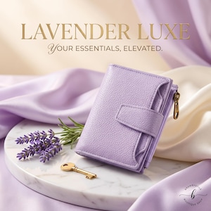 May include: A lavender bi-fold wallet with a textured finish, a snap closure, and a side zipper. The text LAVENDER LUXE YOUR ESSENTIALS, ELEVATED. appears above the wallet. A small gold key and a sprig of lavender are placed next to the wallet.