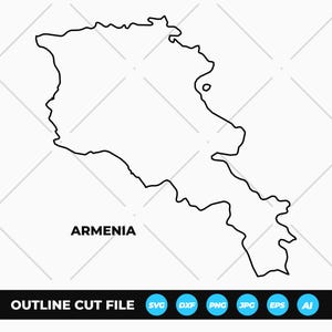 Op de afbeelding: Een digitale zwart-wit omtrekkaart van Armenië met een strakke, dikke lijntekening van de landsgrenzen. Het woord ARMENIA staat in zwarte hoofdletters onder de kaart gedrukt, met een onderste balk met het label OUTLINE CUT FILE.