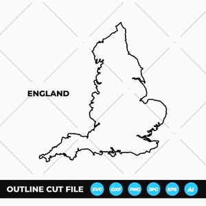 Pode incluir: Um gráfico vetorial de linha preta mostrando o mapa da Inglaterra em um fundo branco. A palavra ENGLAND está impressa em letras maiúsculas pretas à esquerda do mapa. Uma barra preta na parte inferior contém o texto OUTLINE CUT FILE e ícones.