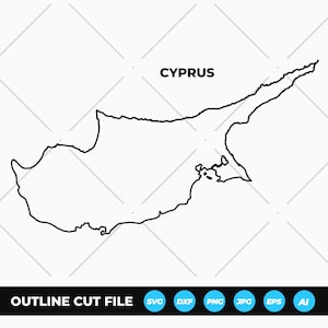 May include: A black and white digital graphic featuring a simple outline map of Cyprus. The word CYPRUS is printed in black capital letters above the map. A black horizontal bar at the bottom contains the white text OUTLINE CUT FILE and file format icons.