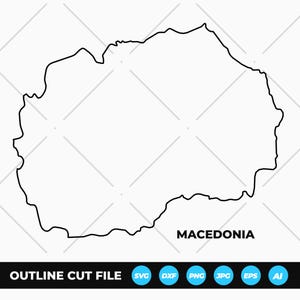 May include: A black outline map of North Macedonia on a white background. The text MACEDONIA appears in the bottom right corner. Below this, a black bar contains the white text OUTLINE CUT FILE followed by the file formats SVG, DXF, PNG, JPG, EPS, AI.