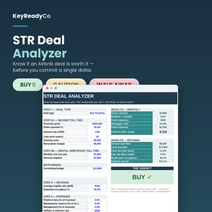 Puede incluir: Una hoja de cálculo digital titulada STR Deal Analyzer con secciones para tipo de trato, detalles de compra, arbitraje de alquiler, ingresos y gastos. La interfaz muestra métricas financieras que incluyen ingresos brutos, flujo de caja y un veredicto.