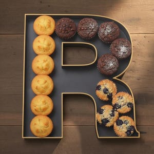 May include: A black tray in the shape of the letter "R" filled with muffins. The tray has a gold trim and contains yellow, chocolate chip, and blueberry muffins. The muffins are arranged neatly inside the letter.