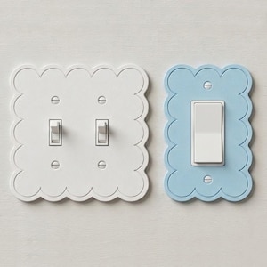 May include: A white double light switch plate and a light blue single rocker switch plate, both featuring a scalloped edge design. The white plate has two toggle switches and four screws, while the blue plate has one rocker switch and two screws.