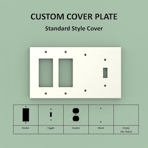 May include: A white custom cover plate with cutouts for electrical outlets and switches. The plate has the text "CUSTOM COVER PLATE" and "Standard Style Cover". Below are icons for rocker, toggle, duplex, blank, and empty (no holes).