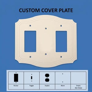 May include: A cream-colored custom cover plate with two rectangular openings and five screw holes. The text CUSTOM COVER PLATE appears above. A chart below displays options for Rocker, Toggle, Duplex, Blank, and Empty configurations.