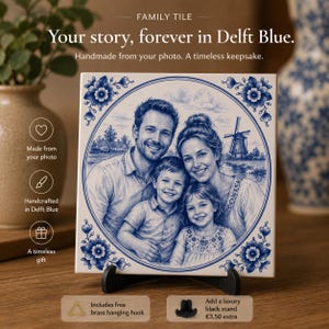 May include: A square ceramic tile featuring a blue and white illustration of a family of four. The central portrait is framed by a decorative floral border. Text on the tile reads: FAMILY TILE, Your story, forever in Delft Blue, Handmade from your photo.