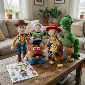 Könnte beinhalten: Eine Sammlung von sechs gehäkelten Amigurumi-Puppen, die Charaktere aus Toy Story darstellen, darunter ein Cowboy, ein Space Ranger, ein Cowgirl, eine kartoffelförmige Figur, ein Dackel und ein grüner Dinosaurier, sowie ein Anleitungsheft.