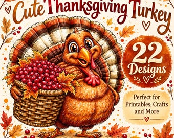 Peut inclure: Un ensemble de cliparts numériques représentant une dinde de dessin animé tenant un panier en osier rempli de baies rouges et de feuilles d'automne. Le texte indique Clipart Bundle Cute Thanksgiving Turkey 22 Designs High-Resolution PNG Digital Download.