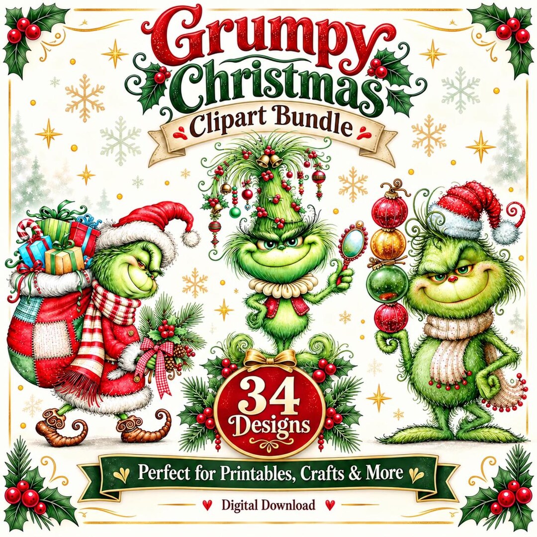 Xmas Grumpy Grumpy Christmas Clipart Bundle | Green Monster 34 PNG | Whimsical ...