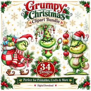Grumpy Christmas Clipart Bundle | Green Monster 34 PNG | Whimsical Christmas Watercolor Art | Printable Holiday Graphics | Digital Download