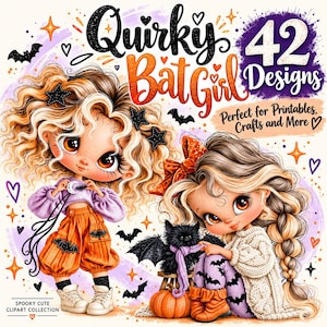 Puede incluir: Una ilustración digital con dos personajes de dibujos animados de ojos grandes y cabello rubio, rodeados de murciélagos, corazones y estrellas. El texto dice: Quirky Bat Girl 42 Designs, Perfect for Printables, Crafts and More, Spooky Cute Clipart Collection.