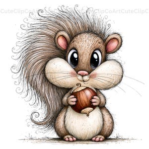 May include: A digital illustration of a brown squirrel with large black eyes and fluffy fur, holding a round brown hazelnut. The squirrel has a cream-coloured belly, pink-tinted ears, and a long, bushy, detailed tail with swirling lines.