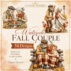Puede incluir: Un paquete de imágenes prediseñadas digitales con ilustraciones en acuarela de una pareja de ancianos en entornos otoñales. El texto dice CLIPART BUNDLE, Watercolor FALL COUPLE, 34 Designs, Perfect for Printables, Crafts & More y Digital Download.
