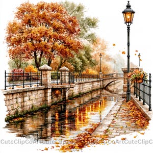 May include: A watercolor illustration of a canal scene in autumn, featuring a stone bridge, black metal railings, and a tall street lamp. The water reflects the orange and yellow foliage of trees, while fallen leaves cover the stone walkway.