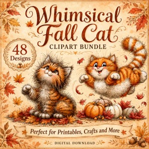 May include: A digital clipart bundle featuring two orange tabby cats, one sitting and one jumping, surrounded by autumn leaves, acorns, and pumpkins. The text reads Whimsical Fall Cat CLIPART BUNDLE, 48 Designs, Perfect for Printables, Crafts and More, DIGITAL DOWNLOAD.