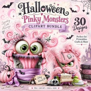 Peut inclure: Un ensemble de cliparts numériques intitulé Halloween Pinky Monsters comprenant 30 designs. L'image montre deux monstres roses à fourrure aux grands yeux verts, l'un sortant d'un haut-de-forme et l'autre écrivant sur un parchemin, entourés de chauves-souris.