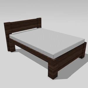 May include: A bed frame constructed from dark brown wood with a rectangular headboard and four sturdy legs, featuring a plain white mattress that covers the entire surface area of the frame, presented from a high-angle perspective.