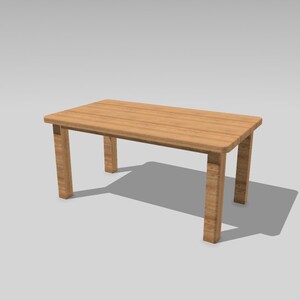 May include: A rectangular wooden table featuring a light brown natural wood grain finish. The table has a flat top surface with rounded corners and is supported by four sturdy, straight legs positioned at each corner of the rectangular frame.