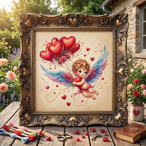 May include: A framed cross-stitch pattern featuring a winged cherub holding a red heart and a cluster of red heart-shaped balloons. The ornate bronze-colored frame is decorated with embossed hearts and roses, set against a light fabric background.