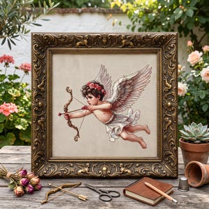 May include: A framed cross-stitch artwork depicting a winged cherub with a floral crown, holding a bow and arrow. The frame is ornate, dark bronze, and rectangular. The image features a light beige fabric background with a detailed, colorful thread design.