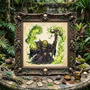 May include: A square framed artwork featuring a green-skinned orc shaman casting green magical energy while holding a staff topped with a horned skull. The ornate bronze-colored frame is decorated with skulls, vines, and carved runic symbols.
