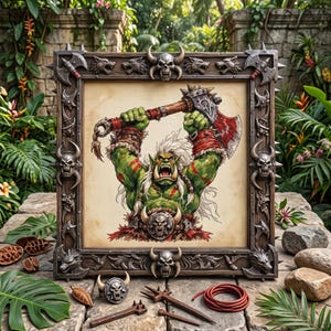 May include: A square framed illustration of a green orc warrior with white hair holding a large battle axe above its head. The dark brown frame features sculpted skulls, wolf heads, and axe motifs. A matching skull ring and metal tools sit below.