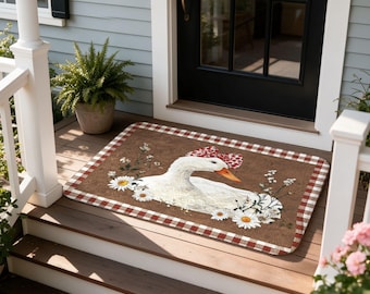 White Goose Doormat, Rustic Farmhouse Entry Decor, Red Bow, Daisy Blooms, Housewarming Present