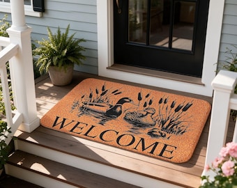 WELCOME Wild Duck Doormat, Rustic Farmhouse Cattail Reed Entry Decor, Country Front Door Rug